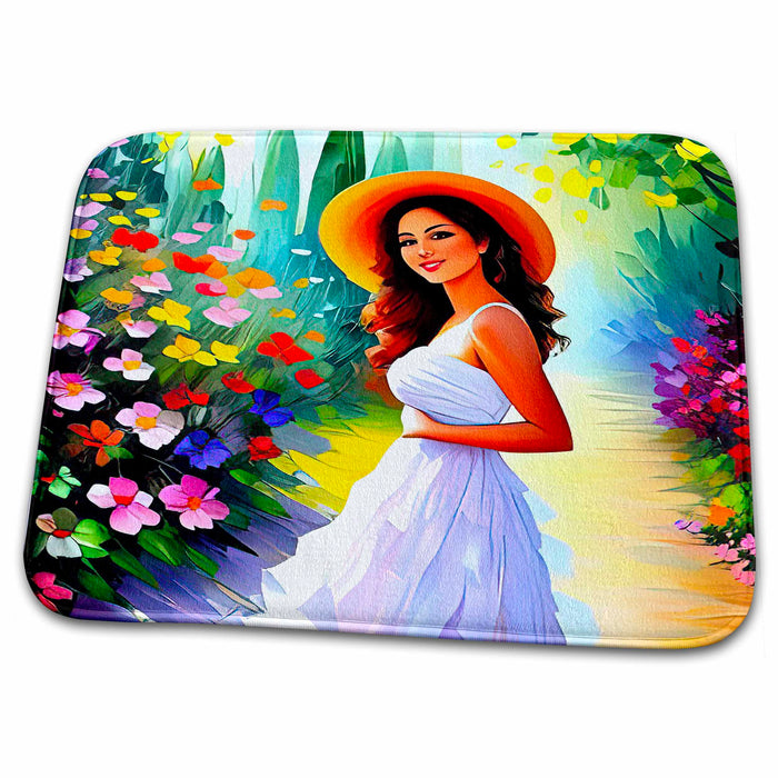 Dish Drying Mat - Smiling young woman in a yellow hat on the garden alley. Cool gift Alexis Design - Woman In The Garden