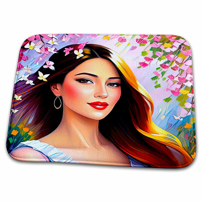 Dish Drying Mat - Good-looking young woman in the garden, pink sakura flowers gift Alexis Design - Woman In The Garden