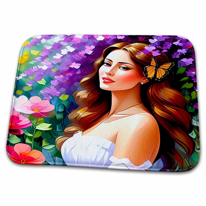 Dish Drying Mat - Alluring young woman in the garden. Butterfly, purple, red flowers Alexis Design - Woman In The Garden