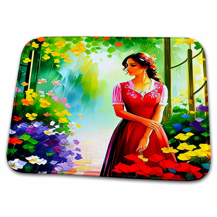 Dish Drying Mat - Pretty lady in red dress in the summer garden of colorful flowers Alexis Design - Woman In The Garden