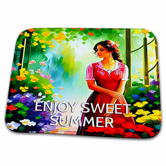 Dish Drying Mat - Enjoy Sweet Summer. Pretty lady in red dress in the summer garden Alexis Design - Woman In The Garden