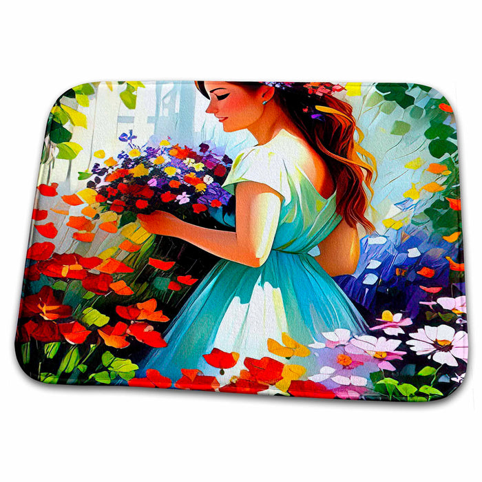 Dish Drying Mat - Young lady with a large bunch of colorful flowers in the garden gift Alexis Design - Woman In The Garden