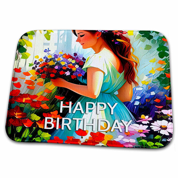 Dish Drying Mat - Happy Birthday. Young lady with a large bunch of flowers in a garden Alexis Design - Woman In The Garden