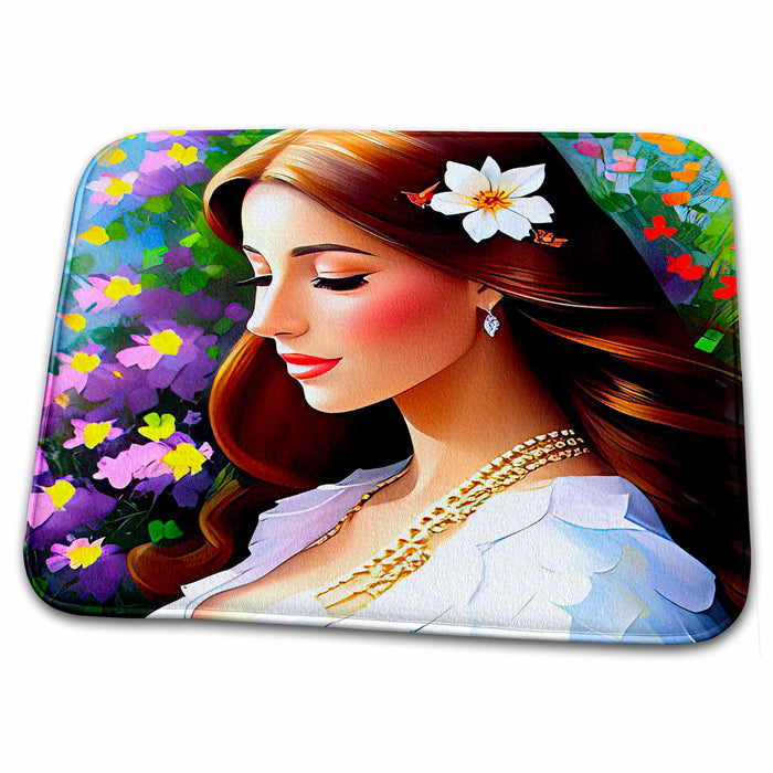 Dish Drying Mat - Romantic beautiful young lady in the garden, White flower, love gift Alexis Design - Woman In The Garden