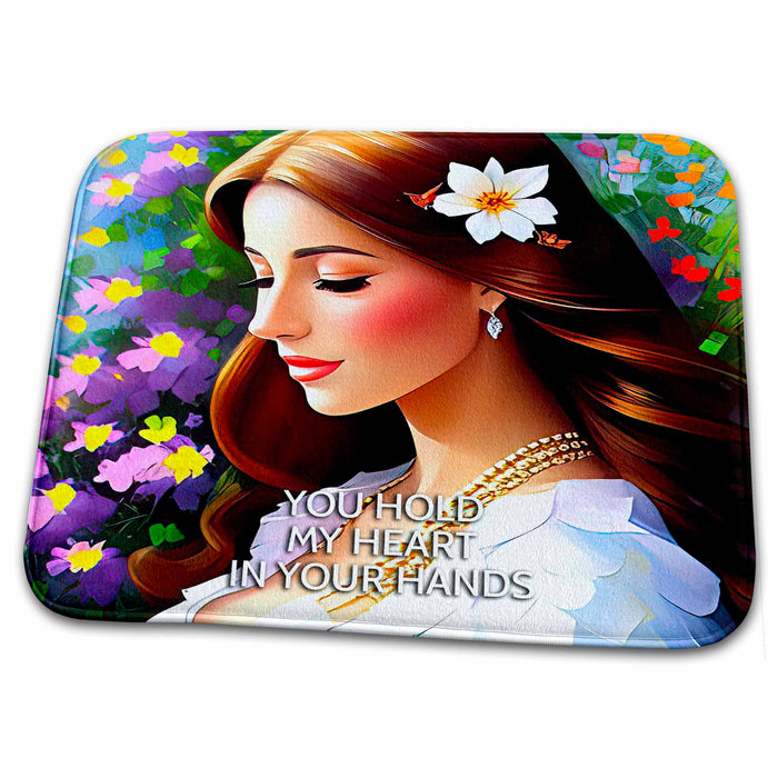 Dish Drying Mat - You Hold My Heart In Your Hands. Beautiful young lady in the garden Alexis Design - Woman In The Garden