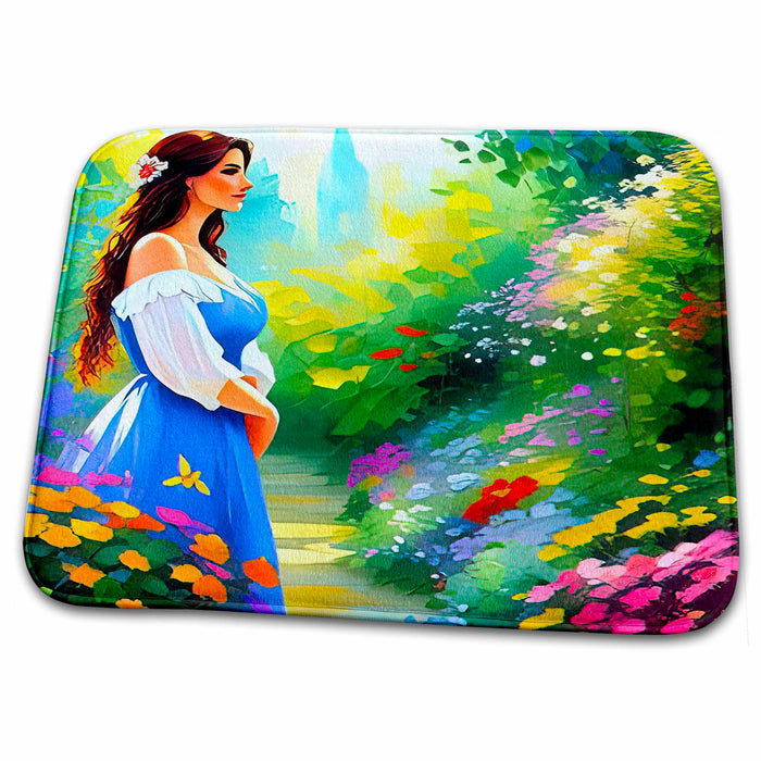 Dish Drying Mat - Enchanting young lady in blue dress in the flower garden love gift Alexis Design - Woman In The Garden