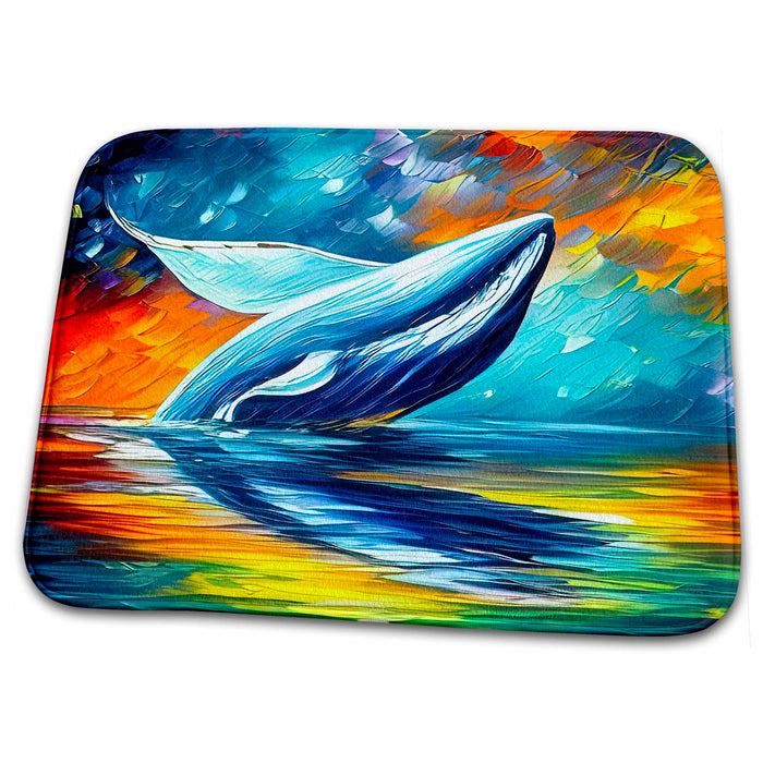 Dish Drying Mat - Blue whale jumps in the ocean. Colorful digital painting, gift, card Alexis Design - Animals Whale Blue