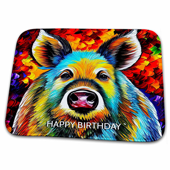 Dish Drying Mat - Happy Birthday. Colorful digital painting of wild boar. Funny card Alexis Design - Animals Boar