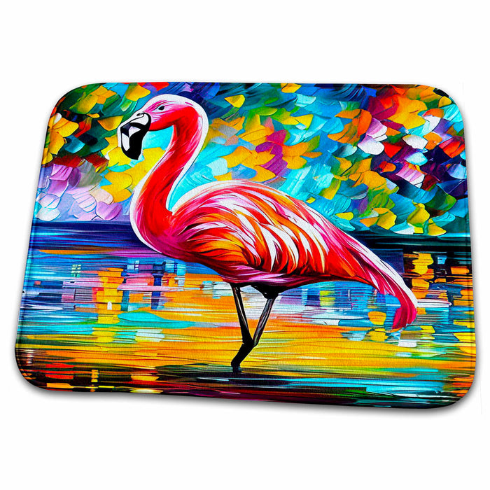 Dish Drying Mat - Pink flamingo stands in the pool of water. Colorful digital art gift Alexis Design - Birds Flamingo