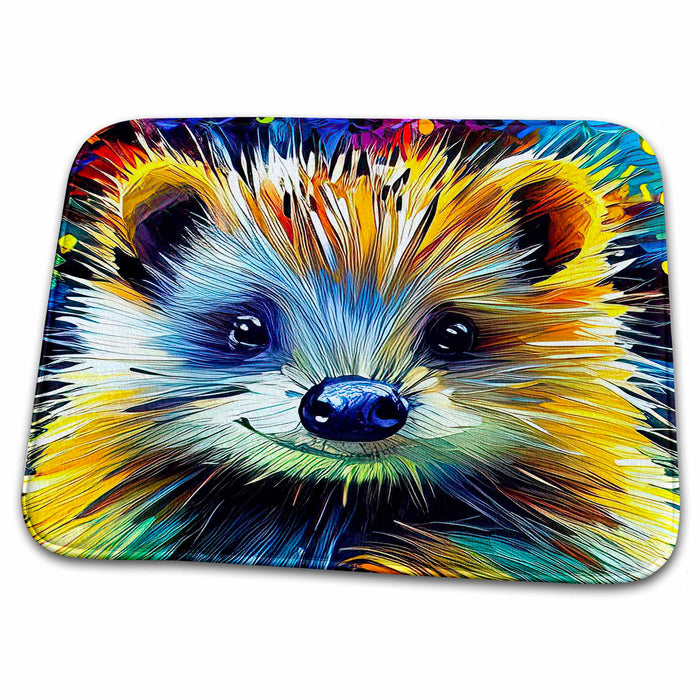 Dish Drying Mat - Charming hedgehog face portrait. Colorful digital art painting gift Alexis Design - Animals Hedgehog