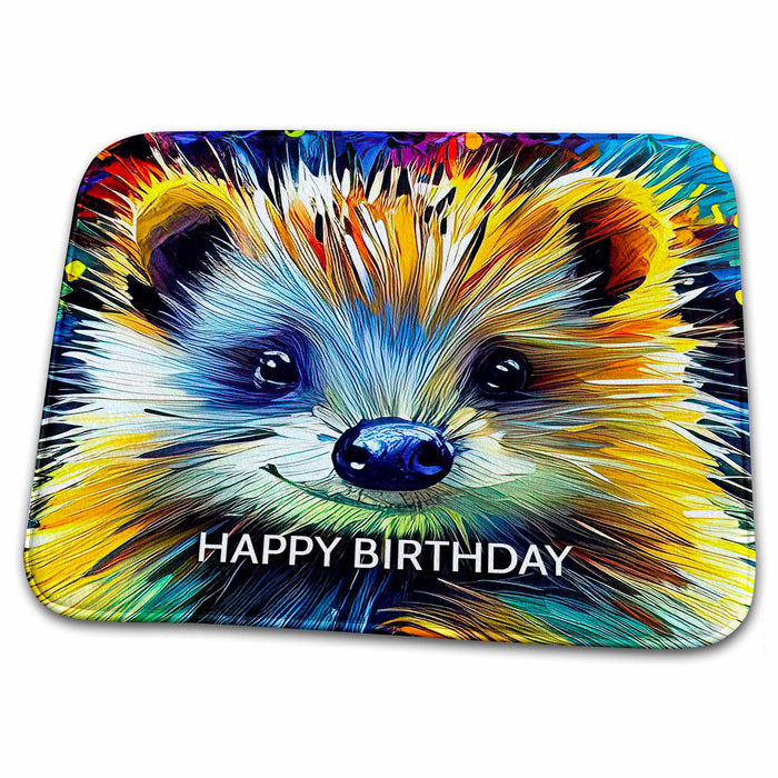 Dish Drying Mat - Happy Birthday. Adorable hedgehog face portrait. Funny greeting card Alexis Design - Animals Hedgehog