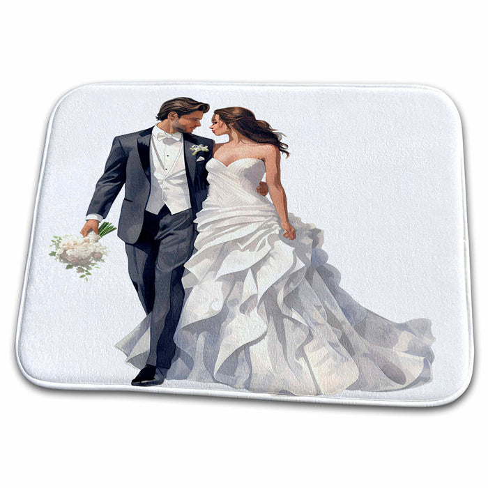 Dish Drying Mat - Elegant Brunette Bride and Groom illustration Illustrations