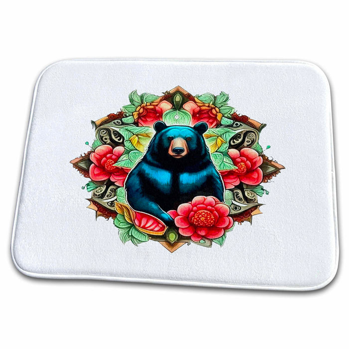 Dish Drying Mat - Alabama State Black Bear Surrounded by Camellia And Hydrangea Vector Art - Alabama State Mammal Flower