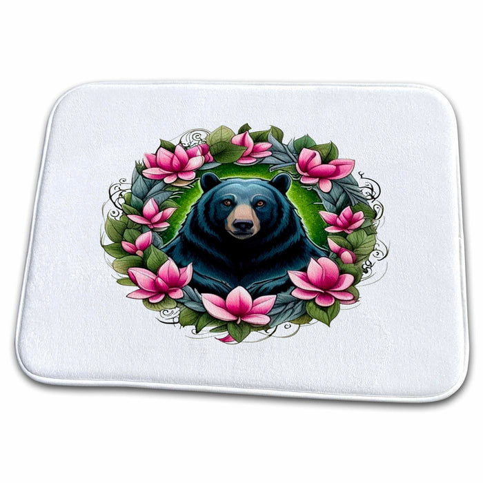 Dish Drying Mat - Black Bear With Magnolia Wreath Louisiana State Tattoo Art Vector Art - Louisiana State Mammal