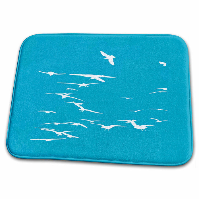 Dish Drying Mat - Happy Seagulls Flying In The Sky White Silhouette Vector Art - Flying Seagull Silhouette