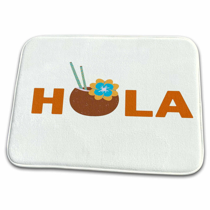 Dish Drying Mat - Image of a Coconut Juice with Text of Hola 3dRose Mary Aikeen- Summer