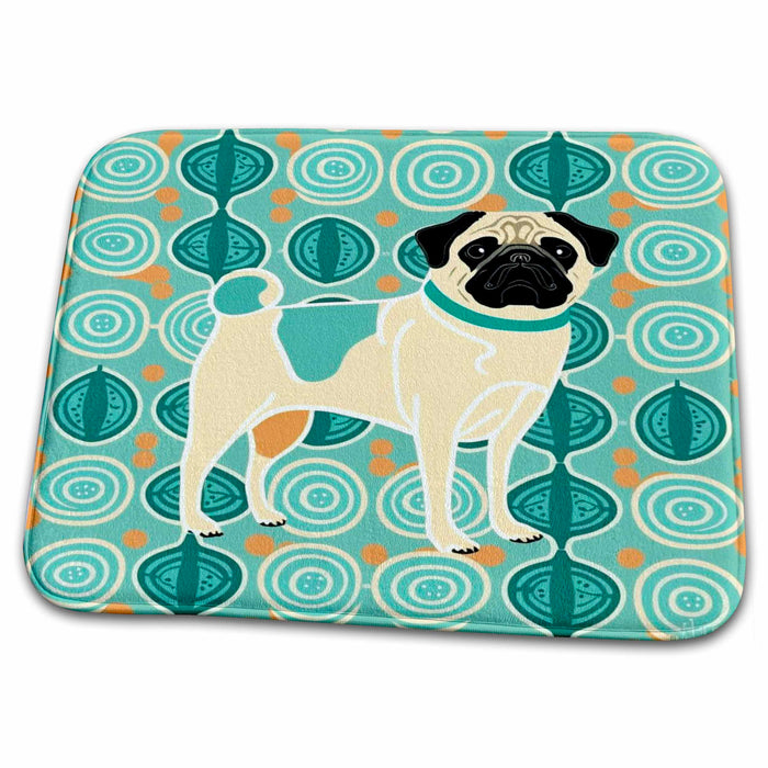 Dish Drying Mat - Mid-century Modern Pug with MCM background pattern Craftsman Studios - Mid-Century Modern