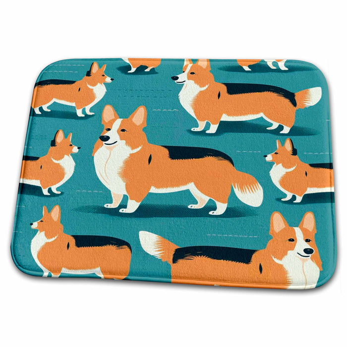 Dish Drying Mat - Corgis strut in a scene of mid-century modern design Craftsman Studios - Mid-Century Modern