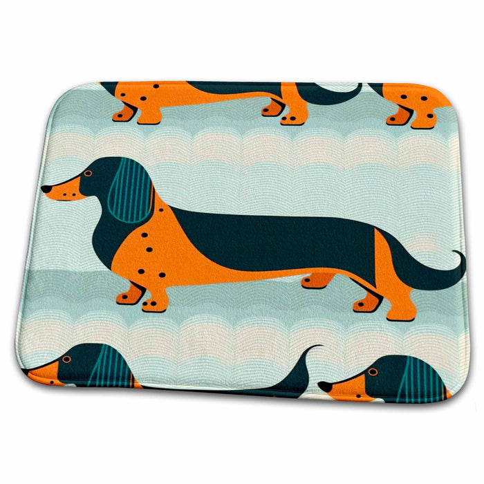 Dish Drying Mat - Stylized dachshunds bask in a vintage modernist scene Craftsman Studios - Mid-Century Modern