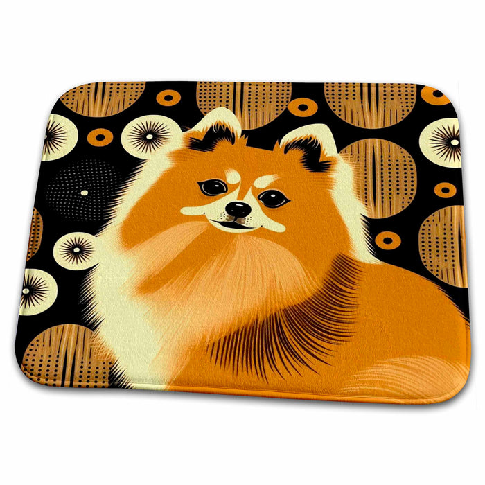 Dish Drying Mat - Pomeranians prance in mid-century modern style Craftsman Studios - Mid-Century Modern