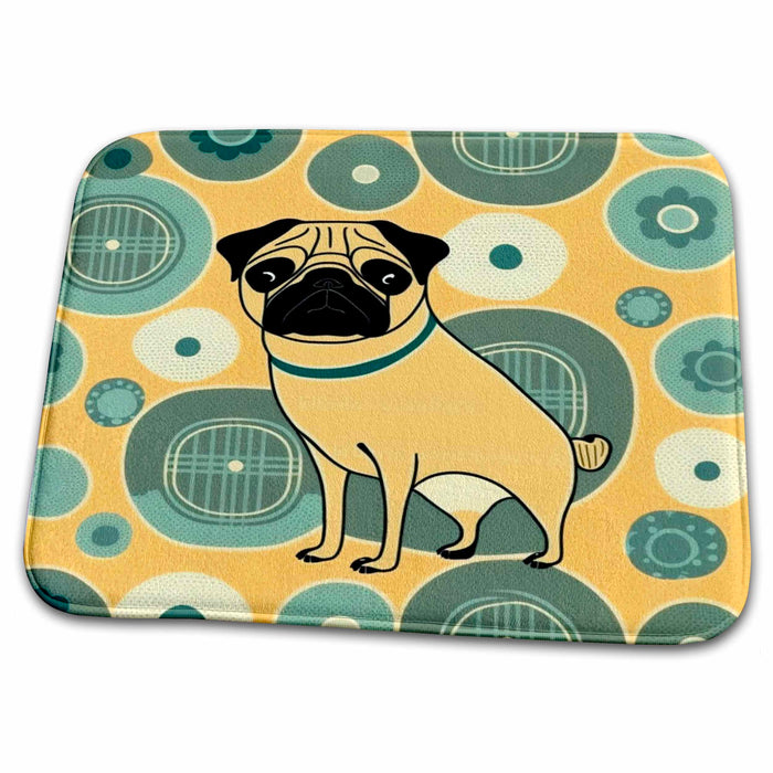 Dish Drying Mat - Stylized Pugs pop in a mid-century modern backdrop Craftsman Studios - Mid-Century Modern