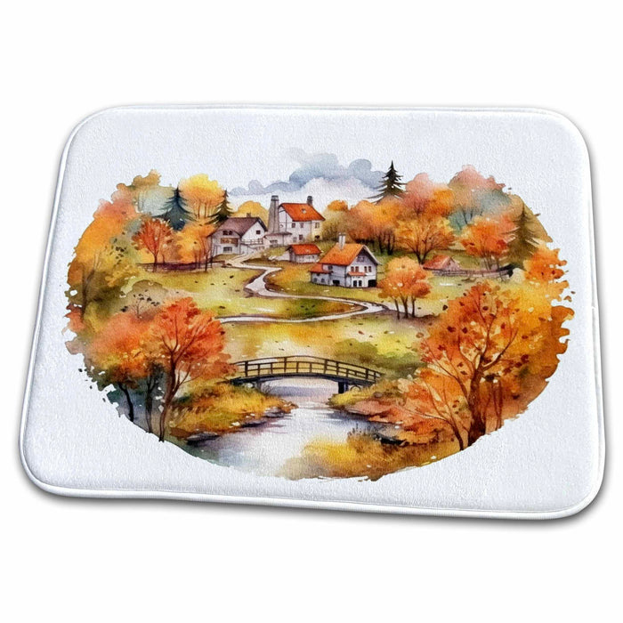 Dish Drying Mat - Fall Scene In A Circle Illustration Illustrations