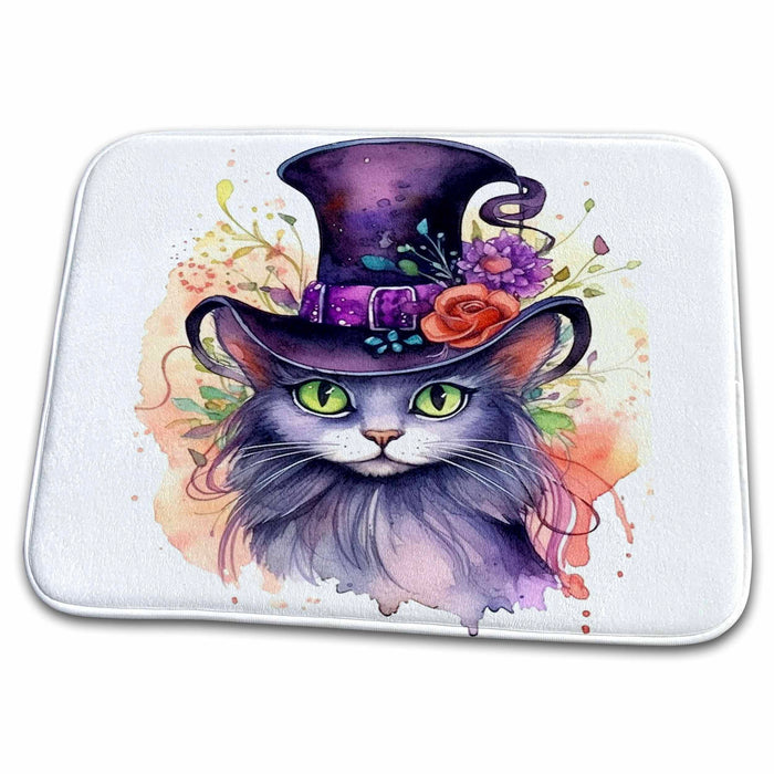 Dish Drying Mat - Purple Halloween Cat In A Floral Top Hat Illustration Illustrations