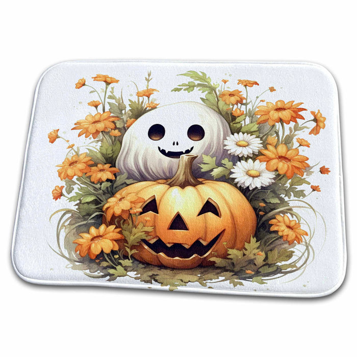 Dish Drying Mat - Fall Floral Jack O Lantern and Ghost Halloween Illustration Illustrations