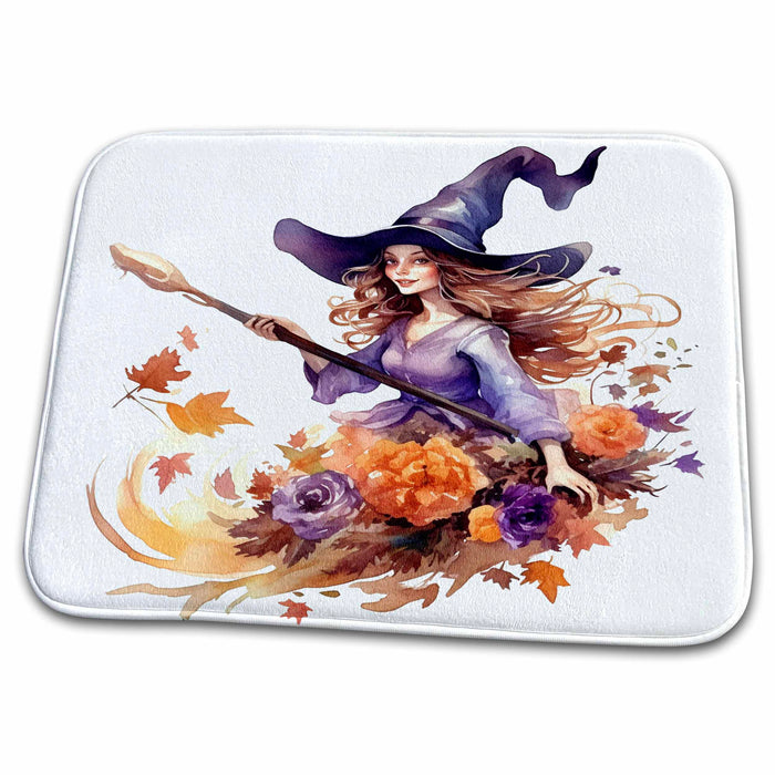 Dish Drying Mat - Pretty Floral Witch and Her Broom Illustration Illustrations