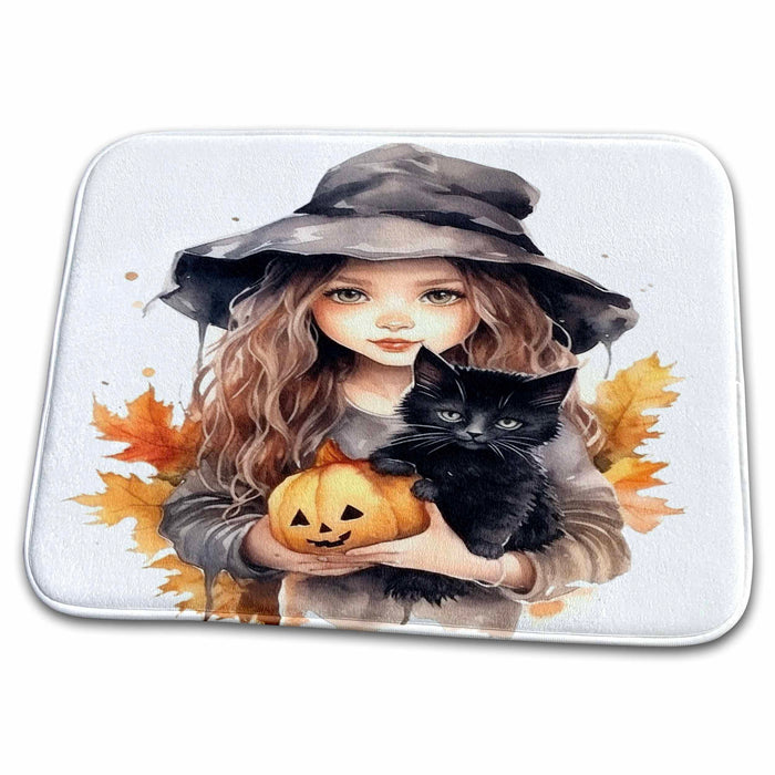 Dish Drying Mat - Pretty Little Girl Witch With A Black Cat and Jack O Lantern Illustrations