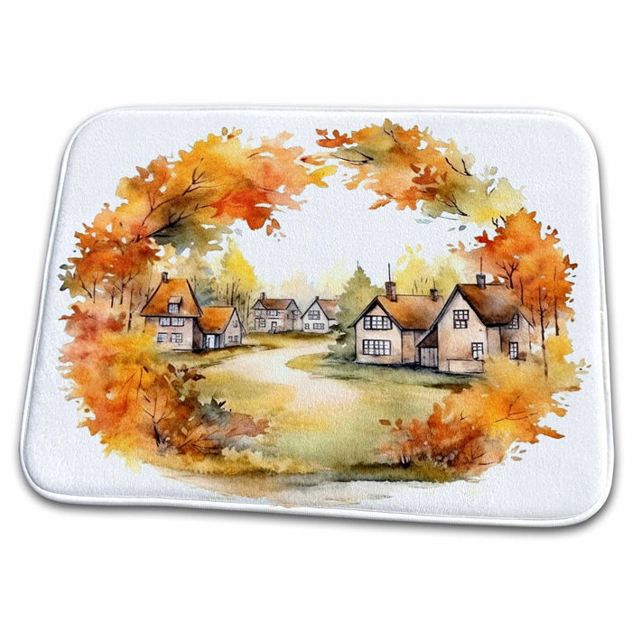 Dish Drying Mat - Pretty Fall Leaf Wreath With A Country Town In The Center Illustrations