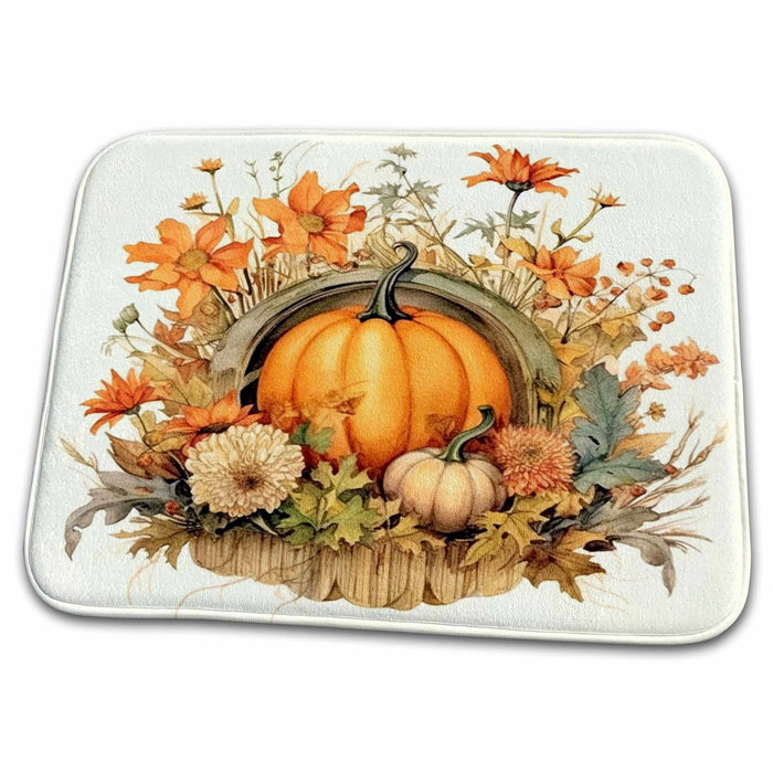 Dish Drying Mat - Pretty Fall Floral and Pumpkin Scene Illustration Illustrations