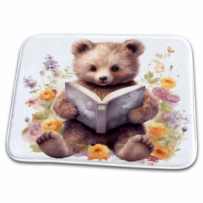 Dish Drying Mat - Cute Floral Bear Reading A Book Illustration Illustrations