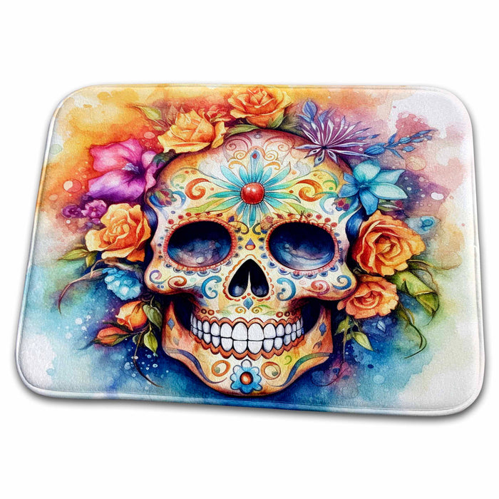 Dish Drying Mat - Floral Sugar Skull Illustration Illustrations