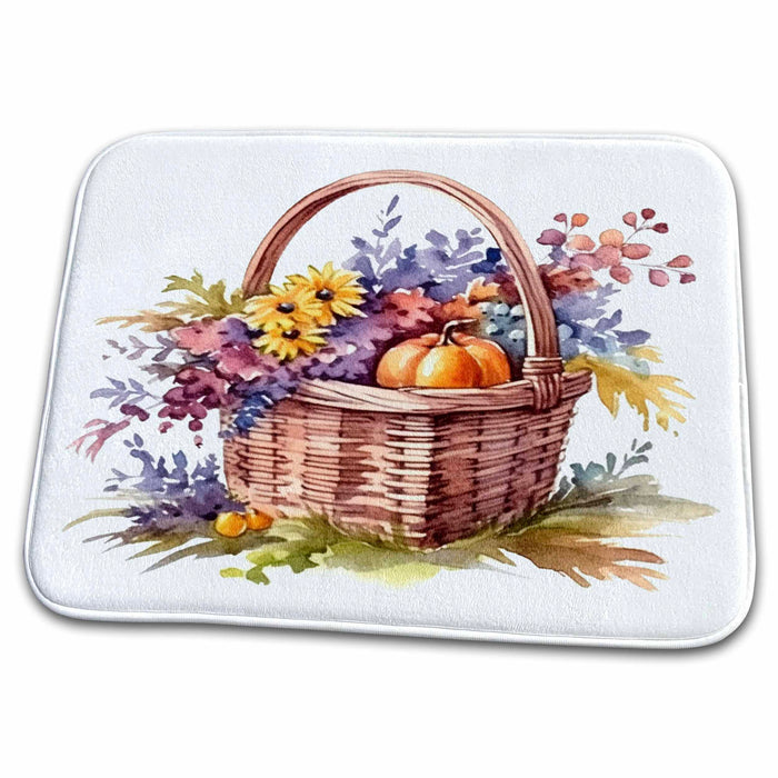 Dish Drying Mat - Fall Basket Of Flowers and A Pumpkin Illustration Illustrations