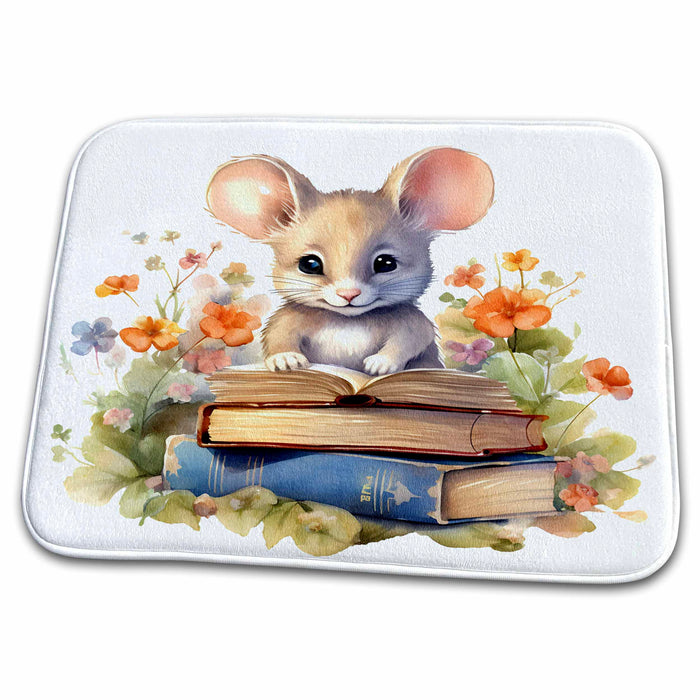 Dish Drying Mat - Cute Floral Mouse Reading Books Illustration Illustrations