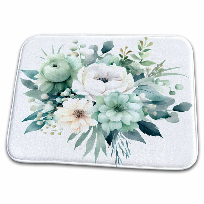 Dish Drying Mat - Pretty Mint Green and White Flower Illustration Illustrations