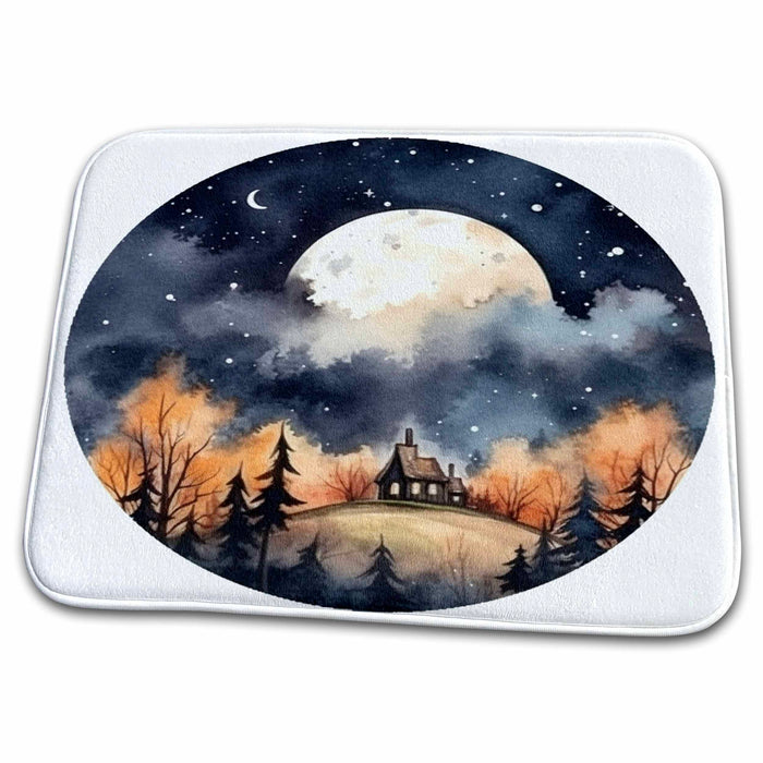 Dish Drying Mat - Full Moon Fall Scene Illustration Illustrations