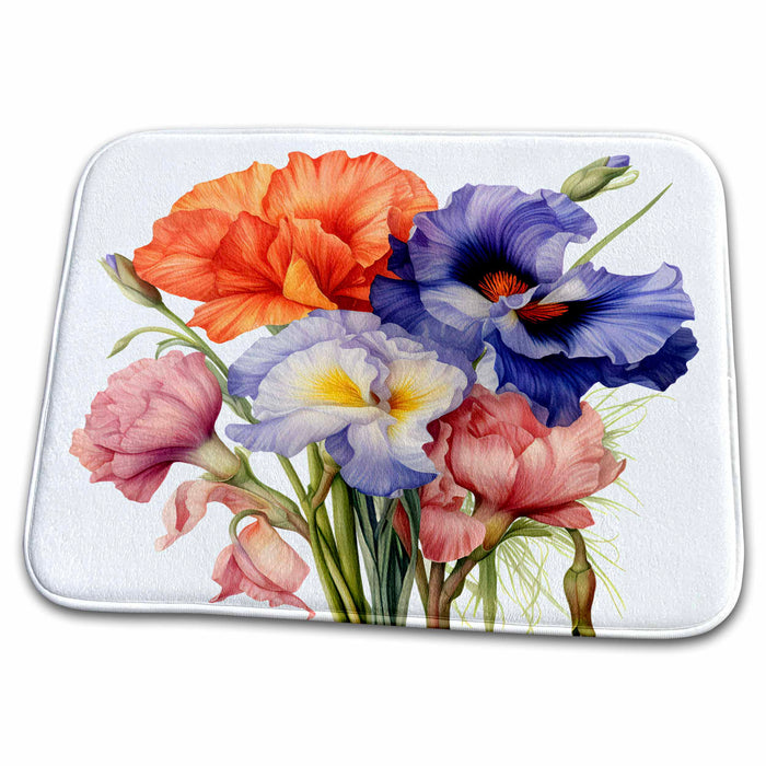 Dish Drying Mat - Pretty Poppy and Iris Flower Illustration Illustrations