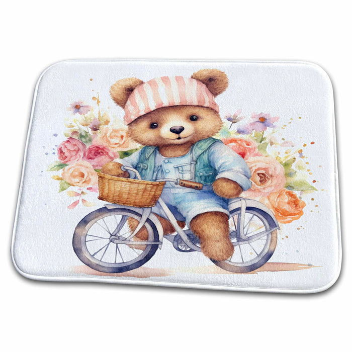 Dish Drying Mat - Cute Floral Bear Riding A Bike Illustration Illustrations