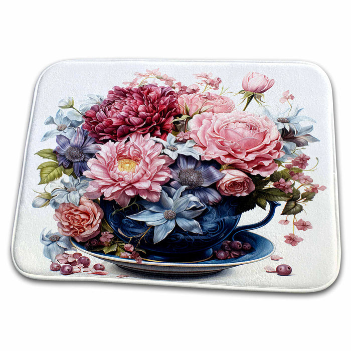 Dish Drying Mat - Blue Teacup Filled With Beautiful Flowers Illustration Illustrations