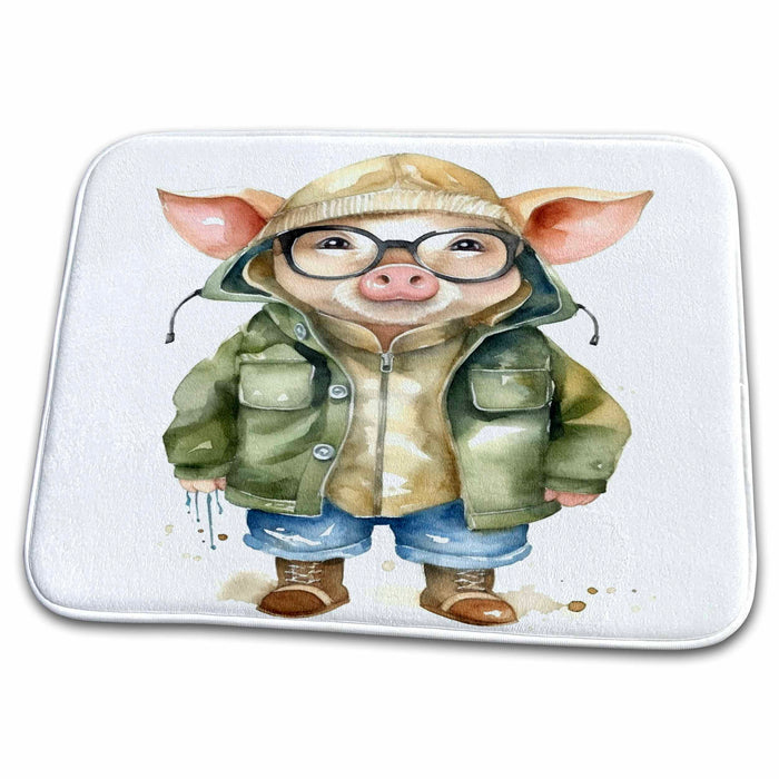 Dish Drying Mat - Cute Pig Dressed In Jeans And A Jacket With Glasses Illustration Illustrations