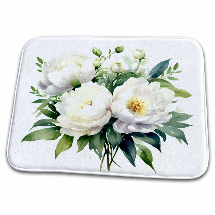 Dish Drying Mat - Pretty White Peony Flowers Illustration Illustrations