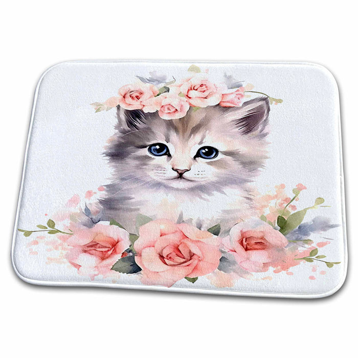 Dish Drying Mat - Pretty Pink Floral White Kitten Illustration Illustrations