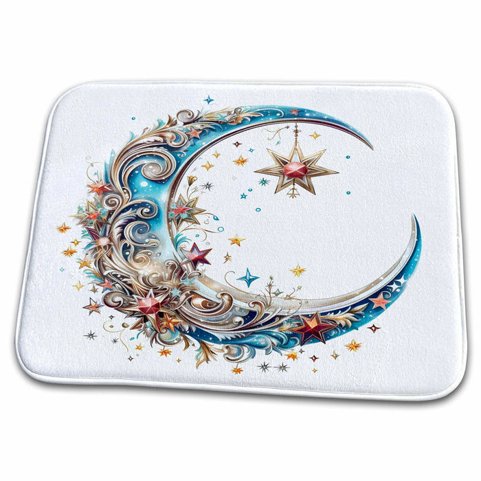 Dish Drying Mat - Pretty Ornamental Blue Moon Illustration Illustrations