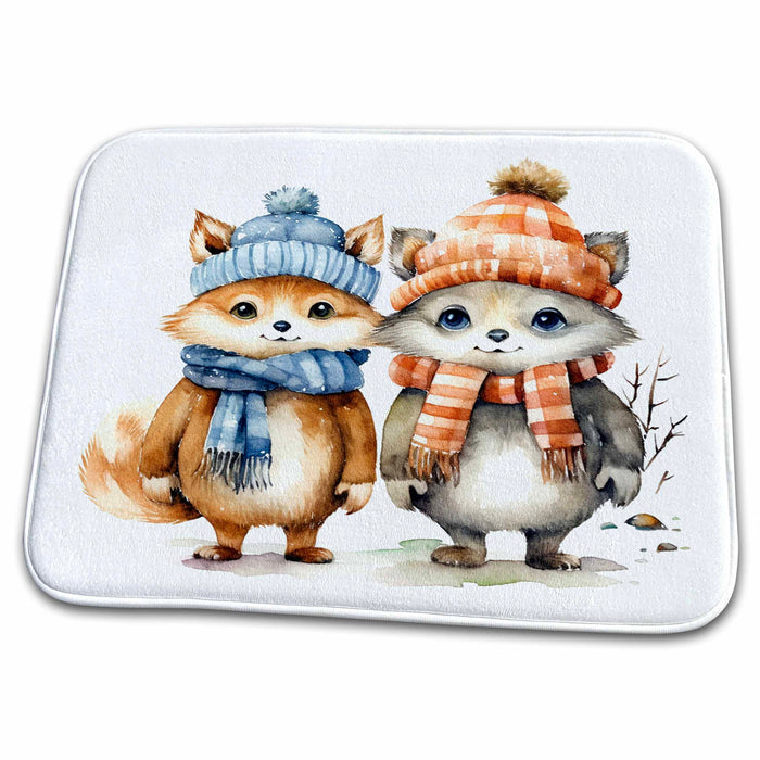 Dish Drying Mat - Cute Winter Forest Animals Illustration Illustrations