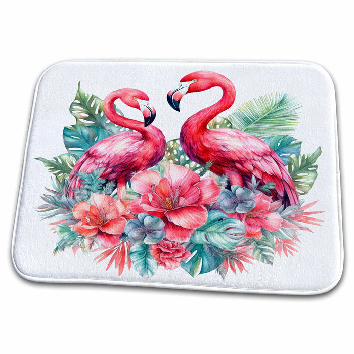 Dish Drying Mat - Two Pink Flamingos In A Tropical Floral Illustration Illustrations