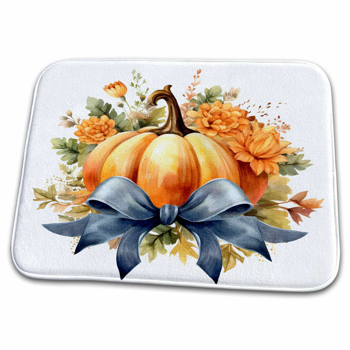 Dish Drying Mat - Floral Fall Pumpkin With A Blue Gray Bow Illustration Illustrations