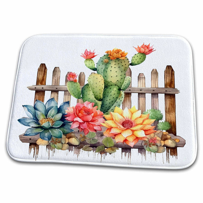 Dish Drying Mat - Cactus Floral Against A Picket Fence Illustration Illustrations