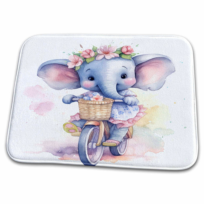 Dish Drying Mat - Cute Girl Elephant Riding A Bike Illustrations